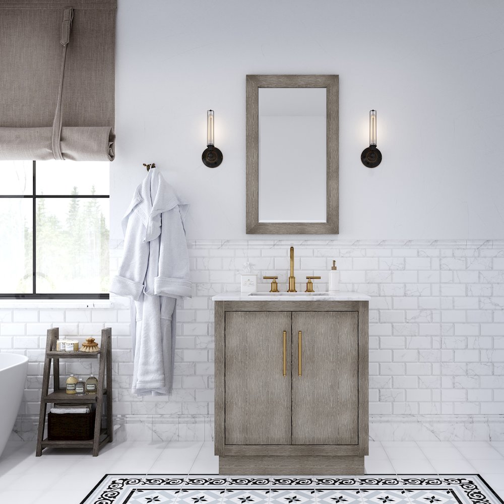 Hugo 30 In. Single Sink Carrara White Marble Countertop Bath Vanity in Grey Oak. Picture 2