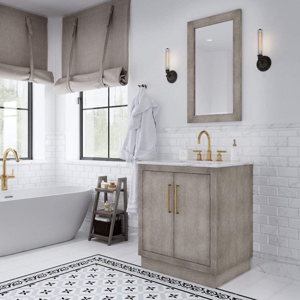 Hugo 30 In. Single Sink Carrara White Marble Countertop Bath Vanity in Grey Oak. Picture 3