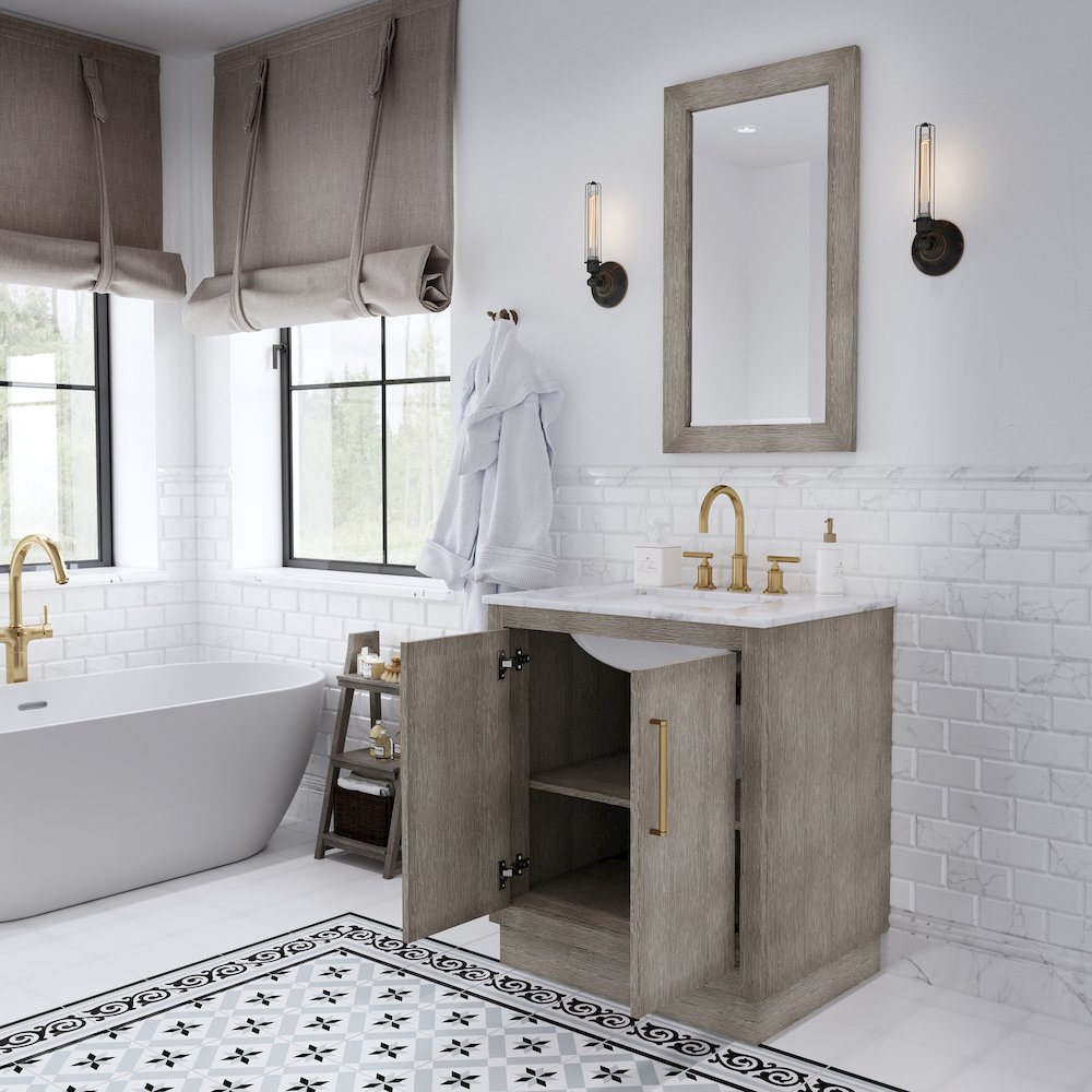 Hugo 30 In. Single Sink Carrara White Marble Countertop Bath Vanity in Grey Oak. Picture 4
