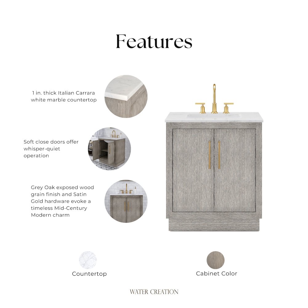 Hugo 30 In. Single Sink Carrara White Marble Countertop Bath Vanity in Grey Oak. Picture 12