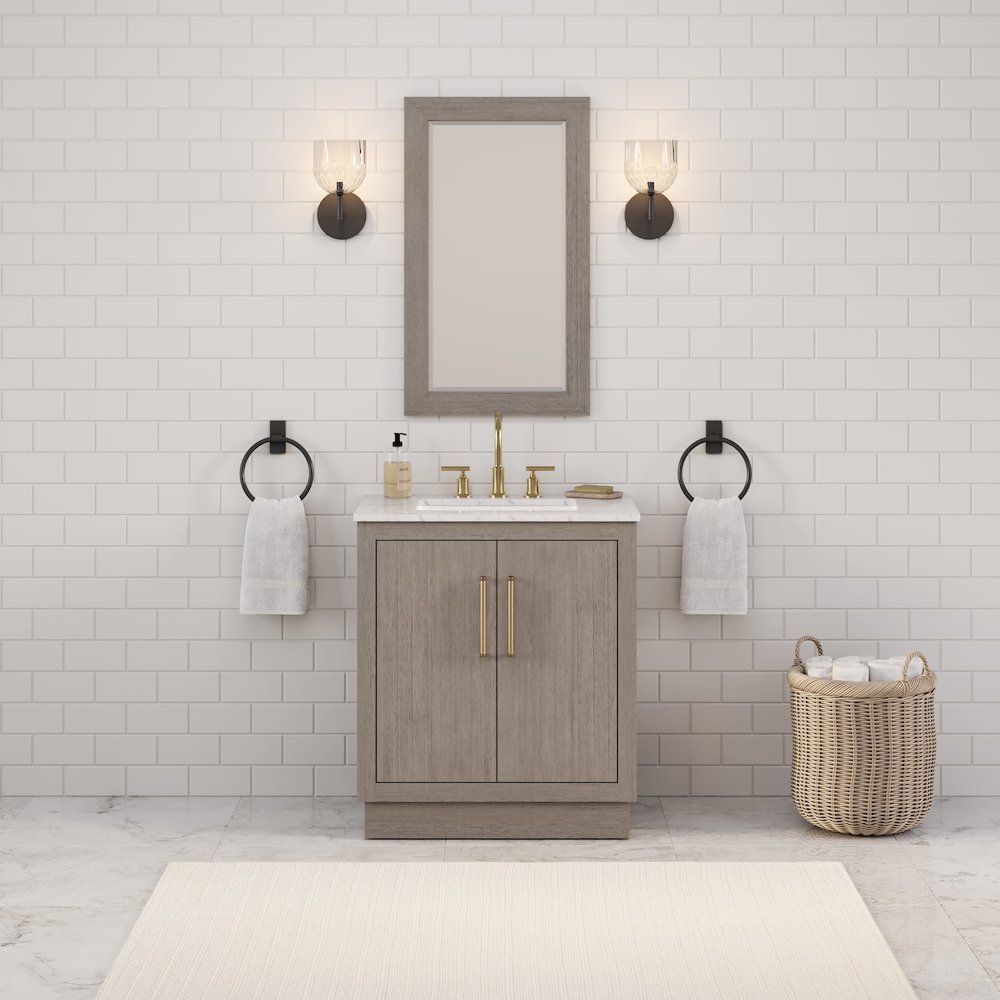 Hugo 30 In. Single Sink Carrara White Marble Countertop Bath Vanity in Grey Oak. Picture 2