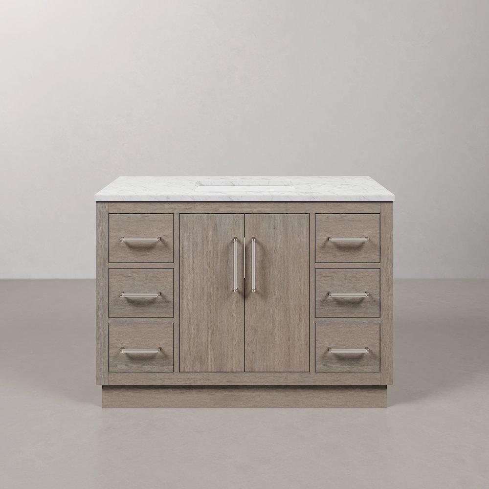 Hugo 48 In. Single Sink Carrara White Marble Countertop Bath Vanity in Grey Oak. Picture 1