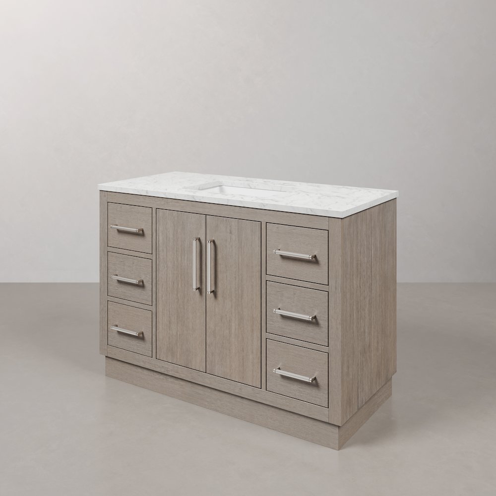 Hugo 48 In. Single Sink Carrara White Marble Countertop Bath Vanity in Grey Oak. Picture 4