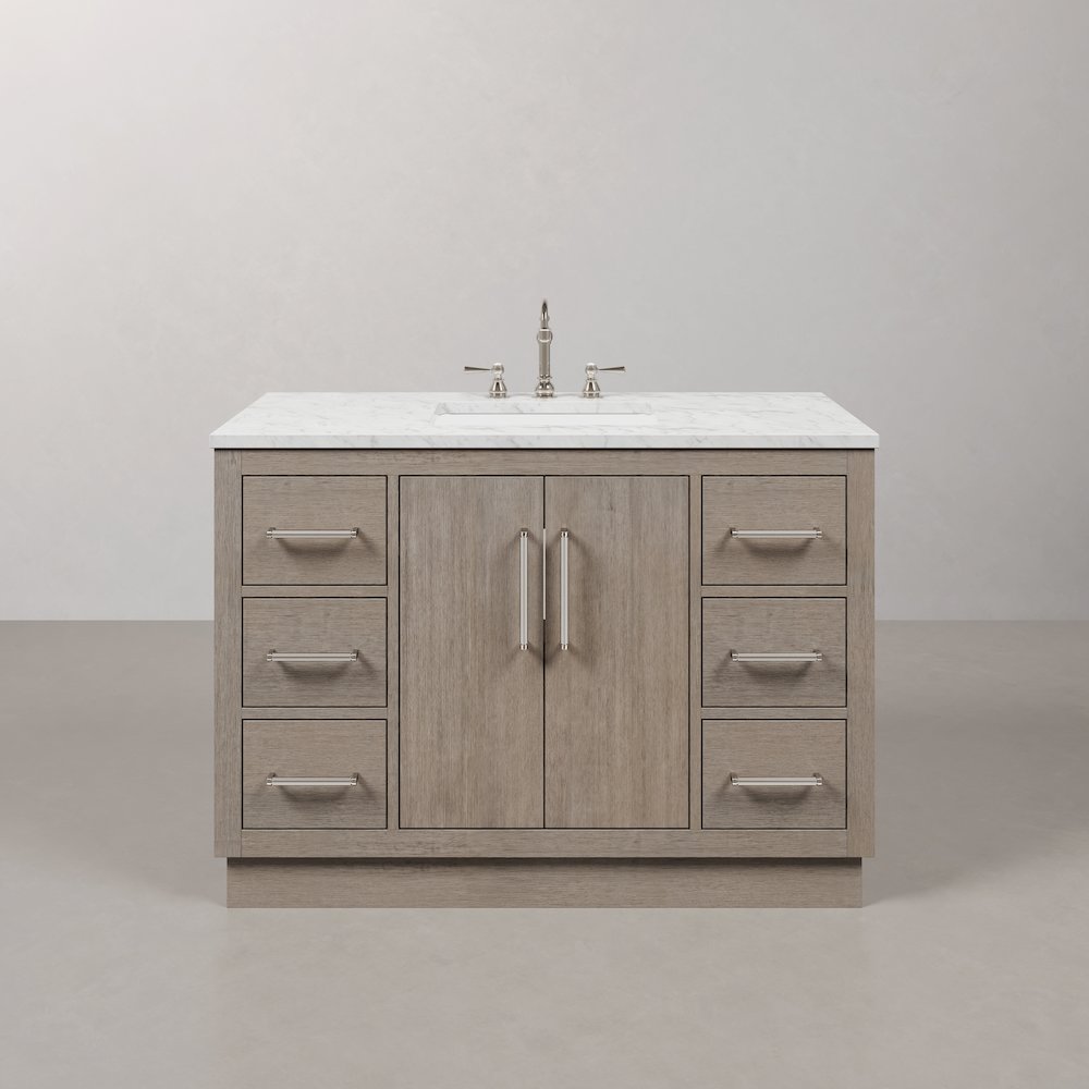 Hugo 48 In. Single Sink Carrara White Marble Countertop Bath Vanity in Grey Oak. Picture 1