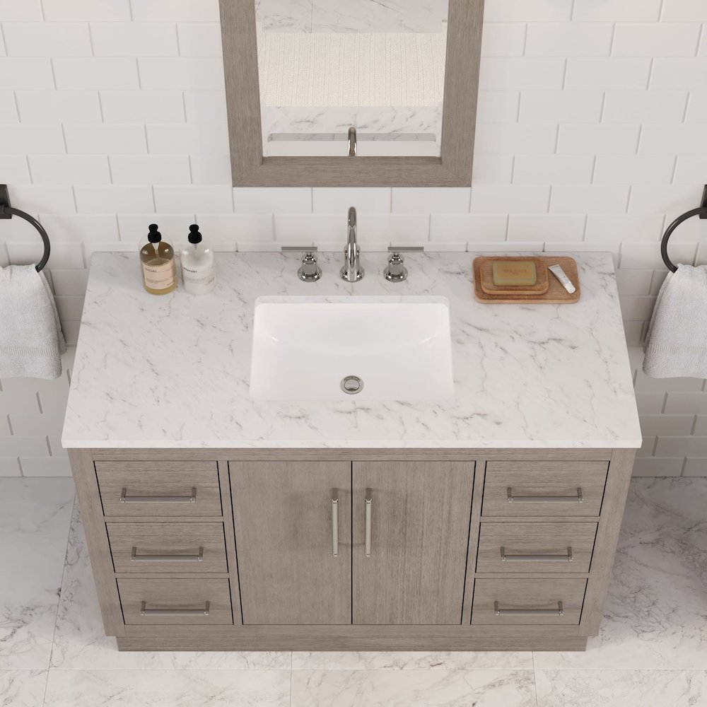 Hugo 48 In. Single Sink Carrara White Marble Countertop Bath Vanity in Grey Oak. Picture 11