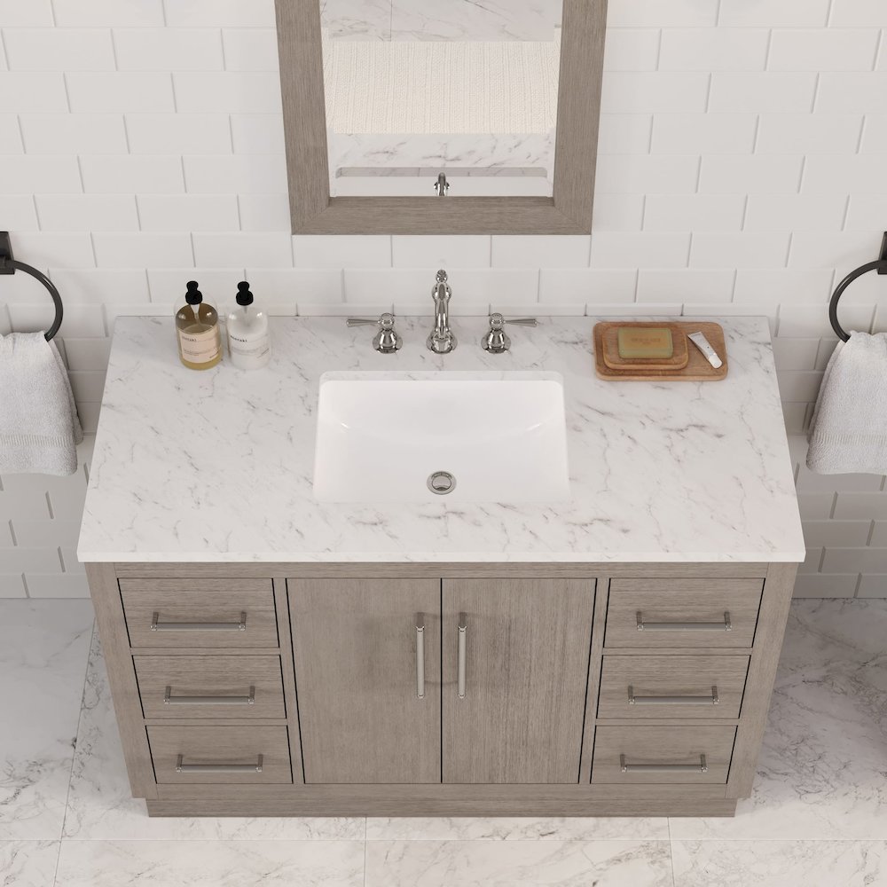 Hugo 48 In. Single Sink Carrara White Marble Countertop Bath Vanity in Grey Oak. Picture 11