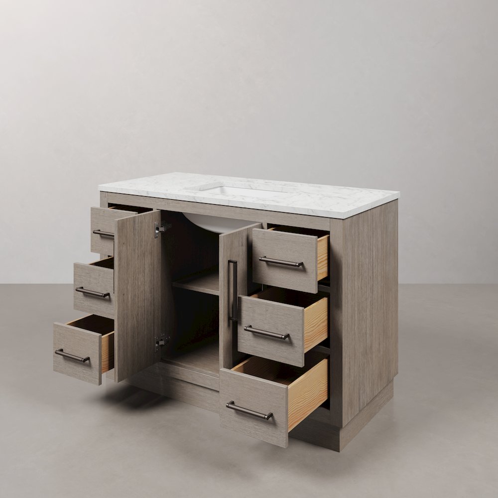 Hugo 48 In. Single Sink Carrara White Marble Countertop Vanity in Grey Oak. Picture 7