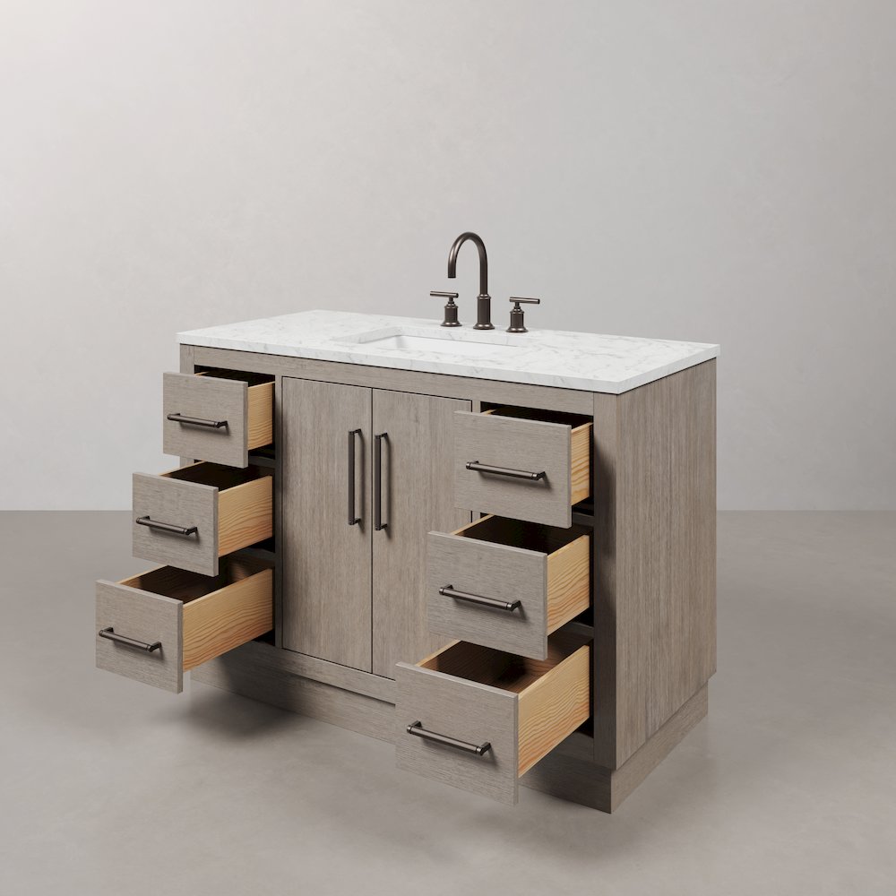 Hugo 48 In. Single Sink Carrara White Marble Countertop Vanity in Grey Oak. Picture 6