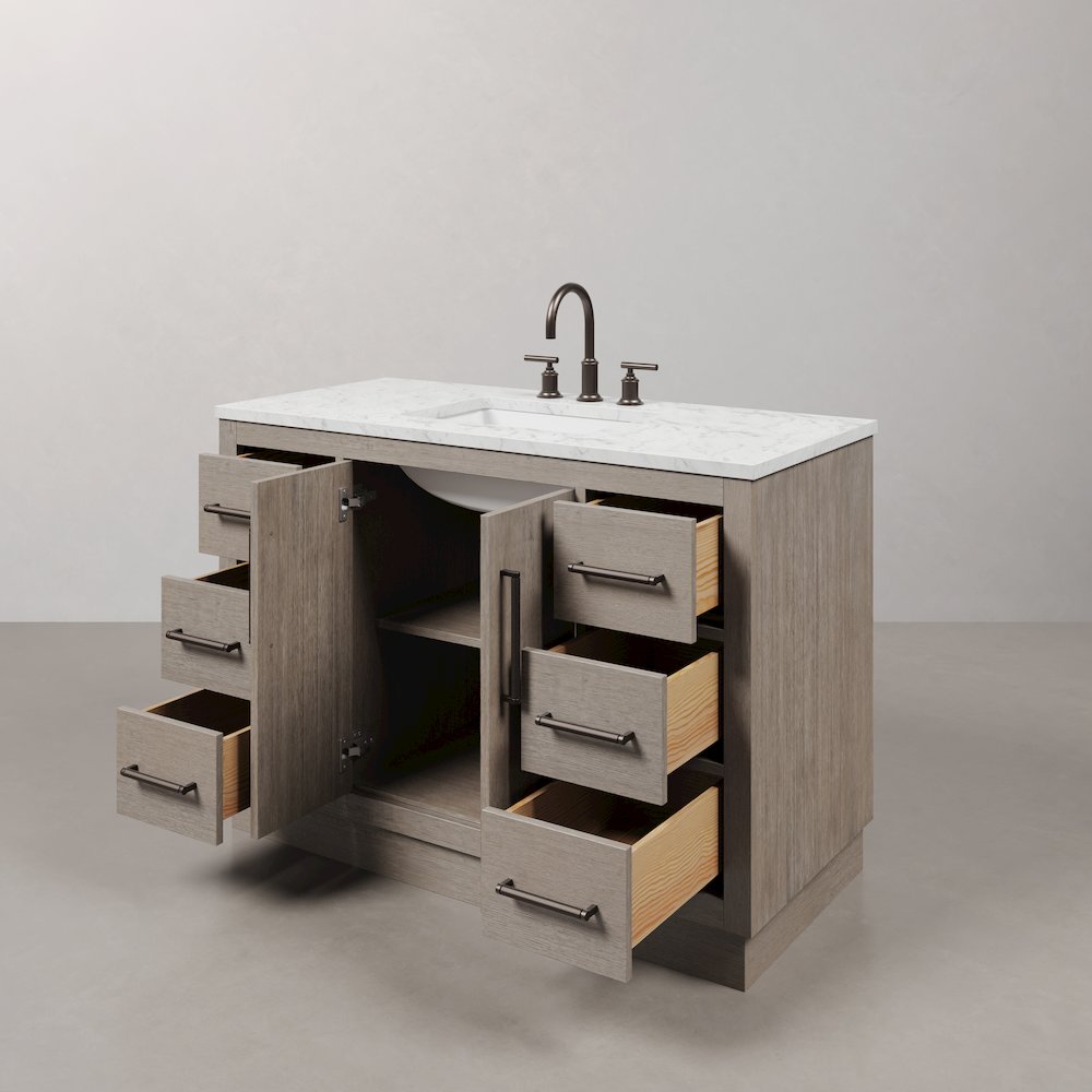 Hugo 48 In. Single Sink Carrara White Marble Countertop Vanity in Grey Oak. Picture 7