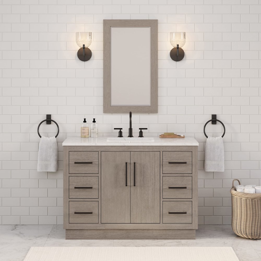 Hugo 48 In. Single Sink Carrara White Marble Countertop Vanity in Grey Oak. Picture 2