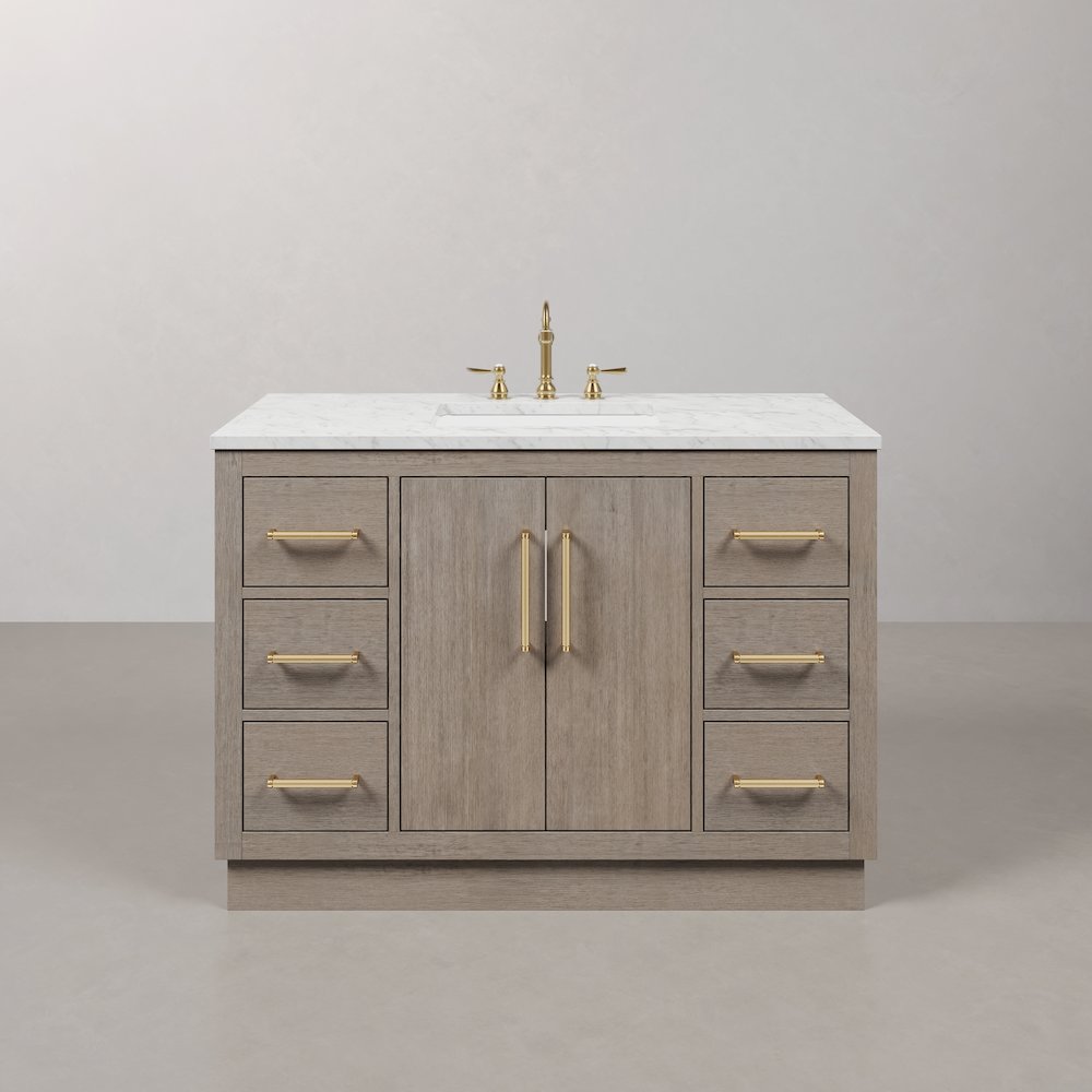 Hugo 48 In. Single Sink Carrara White Marble Countertop Bath Vanity in Grey Oak. Picture 1