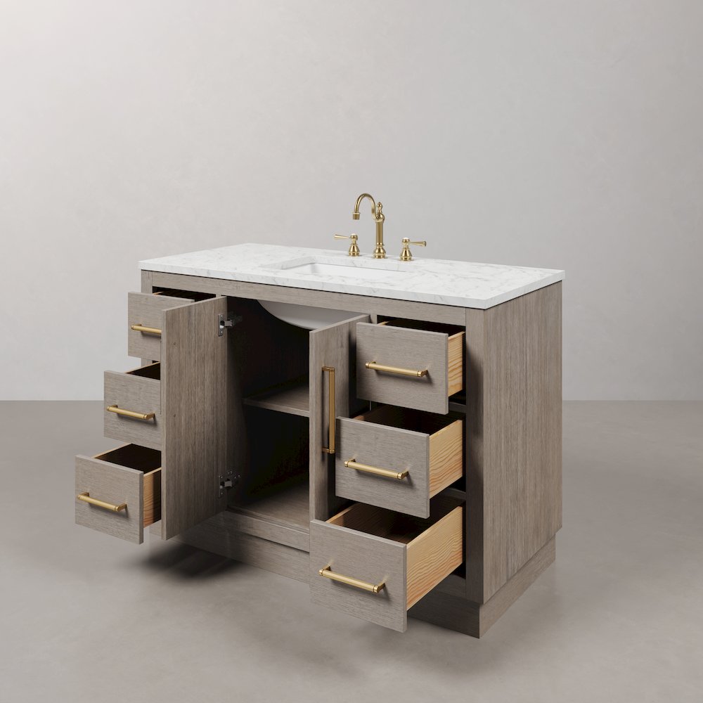 Hugo 48 In. Single Sink Carrara White Marble Countertop Bath Vanity in Grey Oak. Picture 7