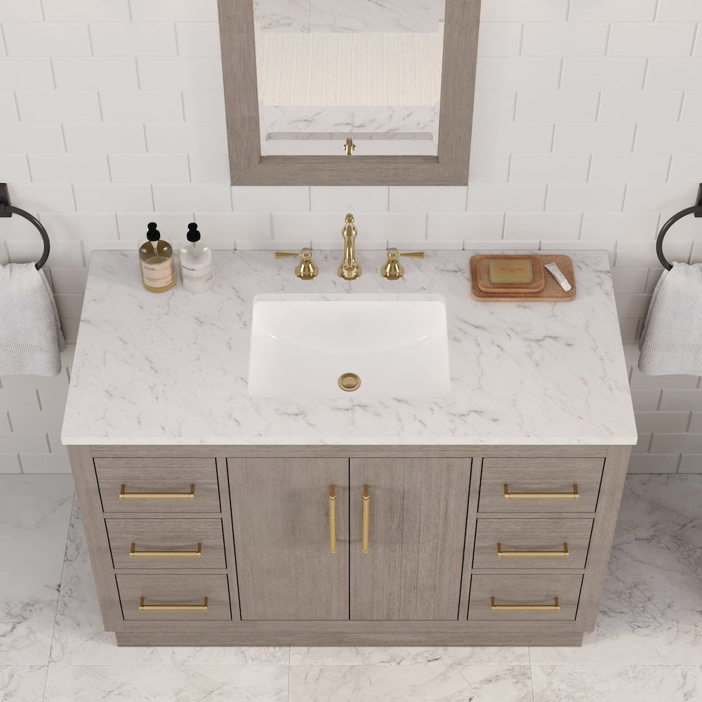 Hugo 48 In. Single Sink Carrara White Marble Countertop Bath Vanity in Grey Oak. Picture 11