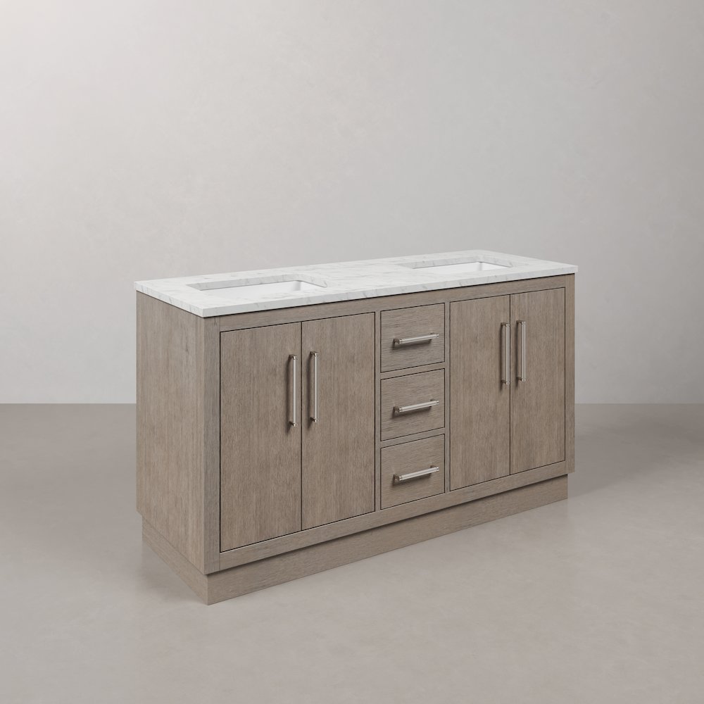 Hugo 60 In. Double Sink Carrara White Marble Countertop Bath Vanity in Grey Oak. Picture 3