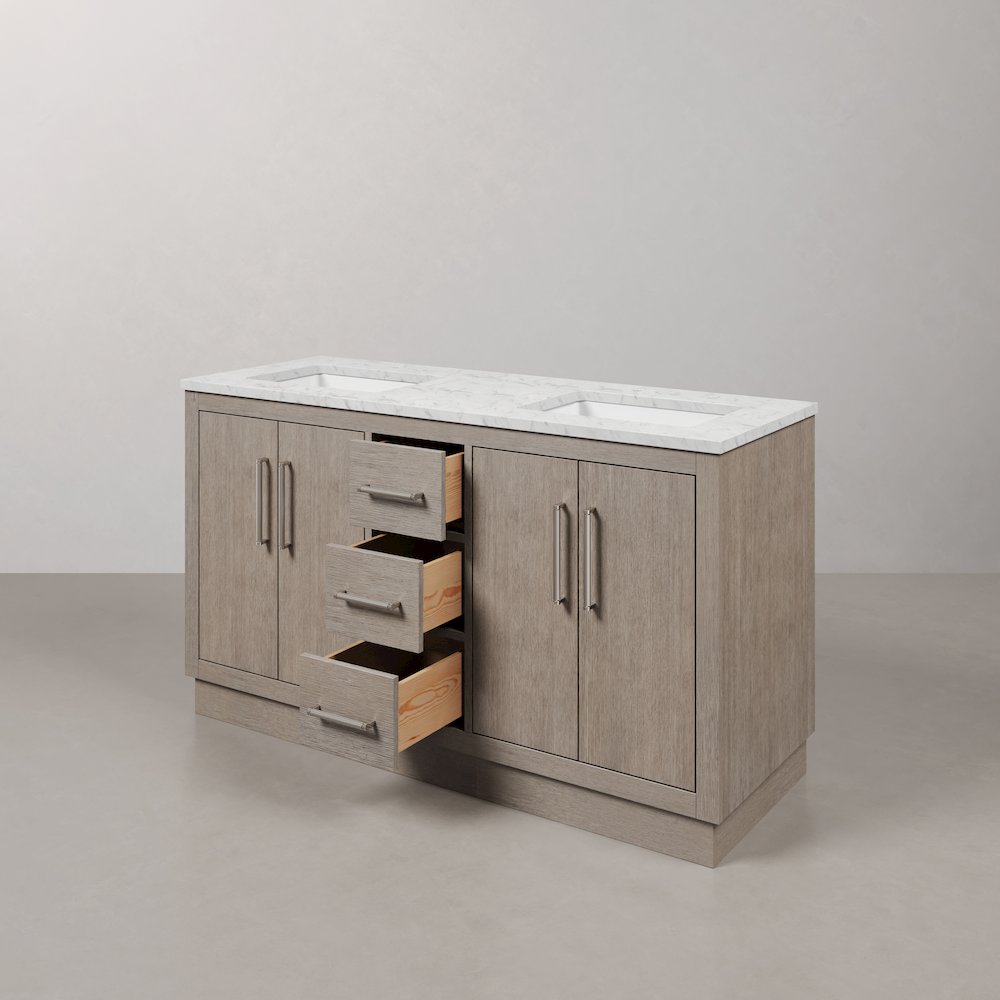 Hugo 60 In. Double Sink Carrara White Marble Countertop Bath Vanity in Grey Oak. Picture 6