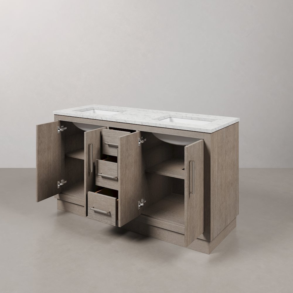 Hugo 60 In. Double Sink Carrara White Marble Countertop Bath Vanity in Grey Oak. Picture 7