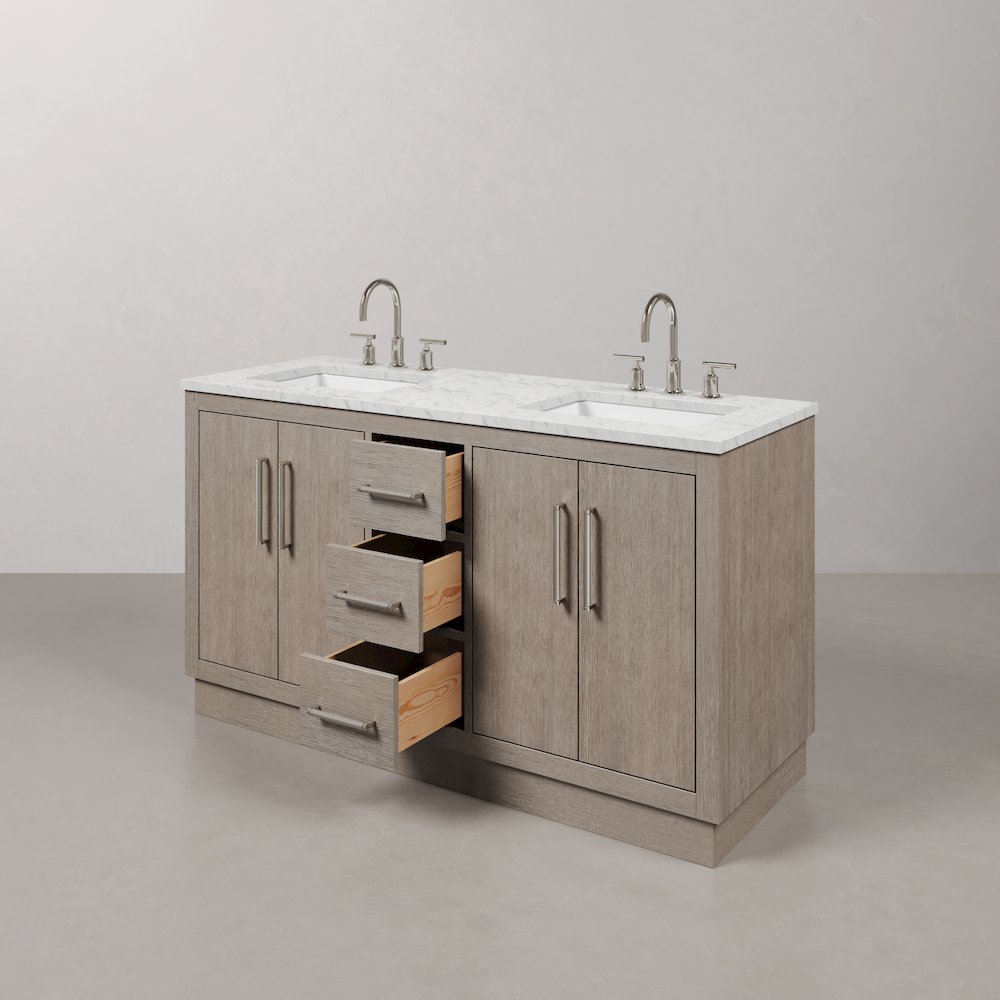 Hugo 60 In. Double Sink Carrara White Marble Countertop Bath Vanity in Grey Oak. Picture 6