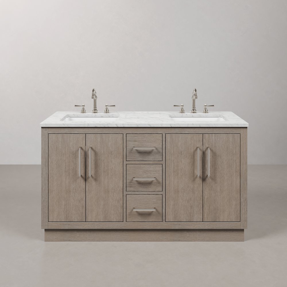 Hugo 60 In. Double Sink Carrara White Marble Countertop Bath Vanity in Grey Oak. Picture 1
