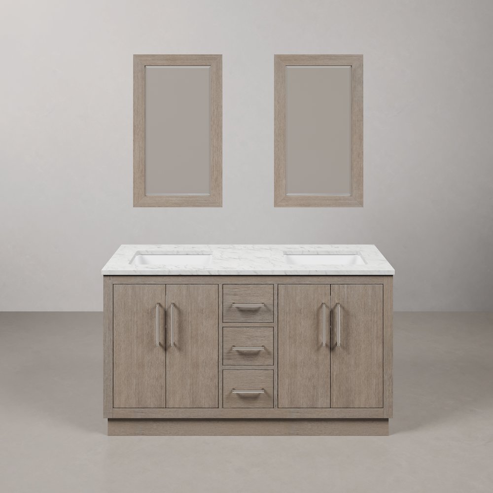 Hugo 60 In. Double Sink Carrara White Marble Countertop Bath Vanity in Grey Oak. Picture 1