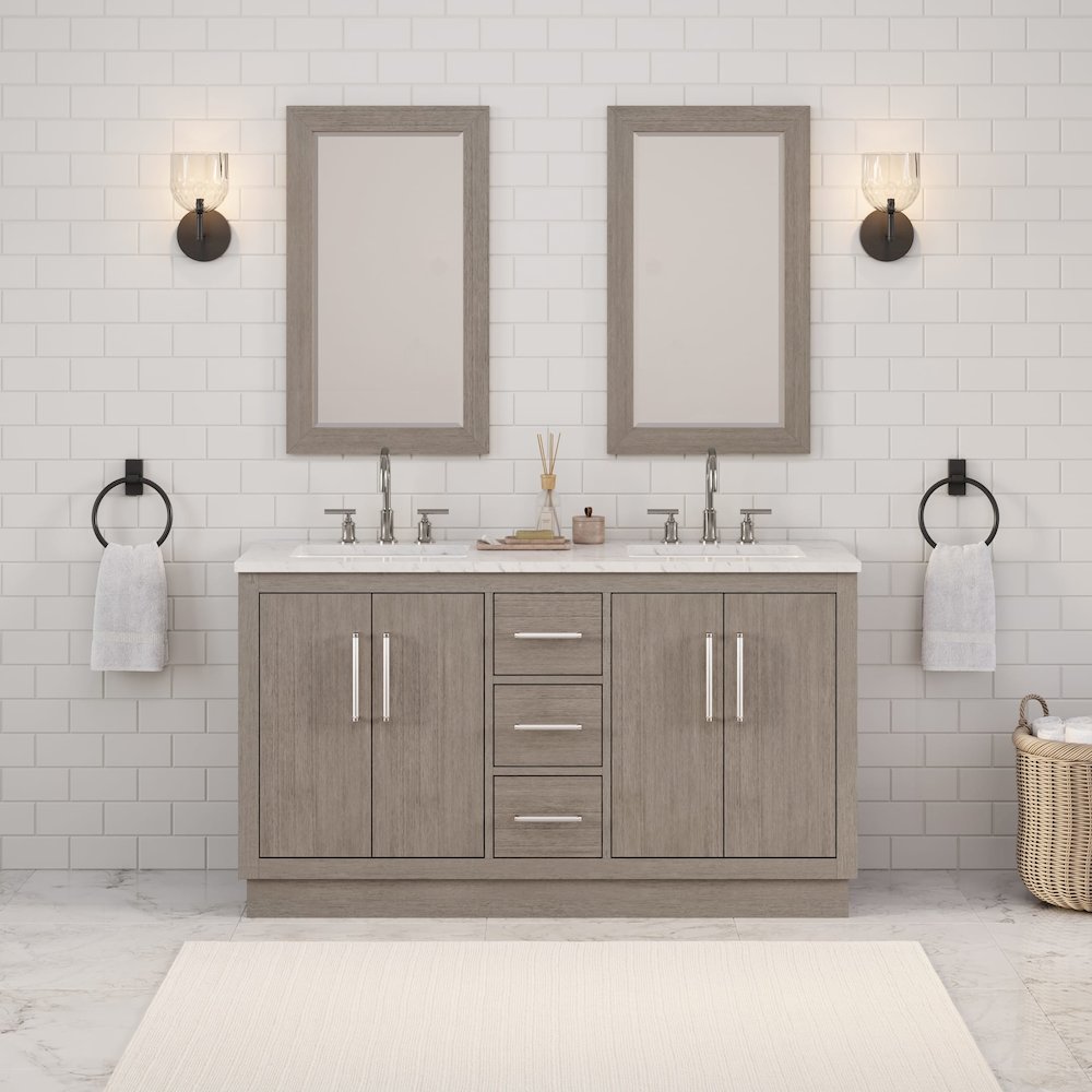 Hugo 60 In. Double Sink Carrara White Marble Countertop Bath Vanity in Grey Oak. Picture 2