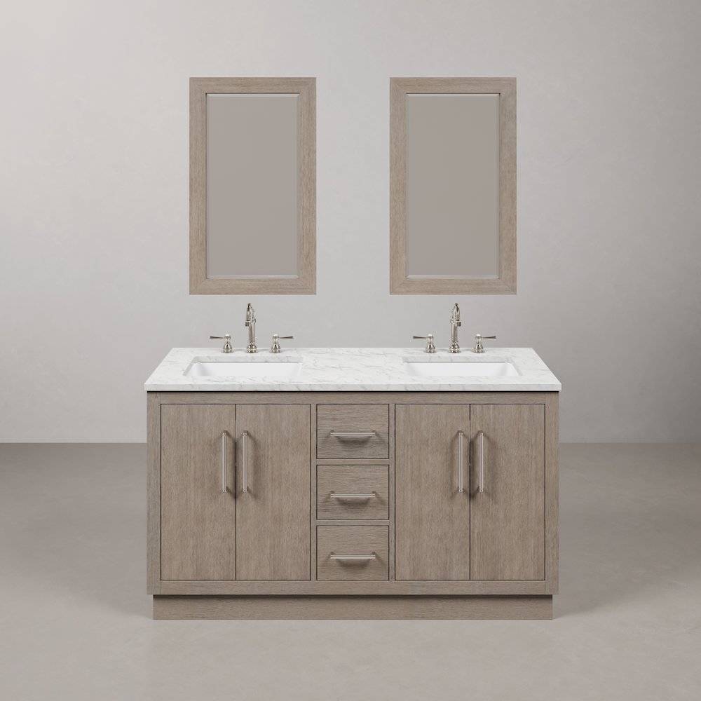 Hugo 60 In. Double Sink Carrara White Marble Countertop Bath Vanity in Grey Oak. Picture 1