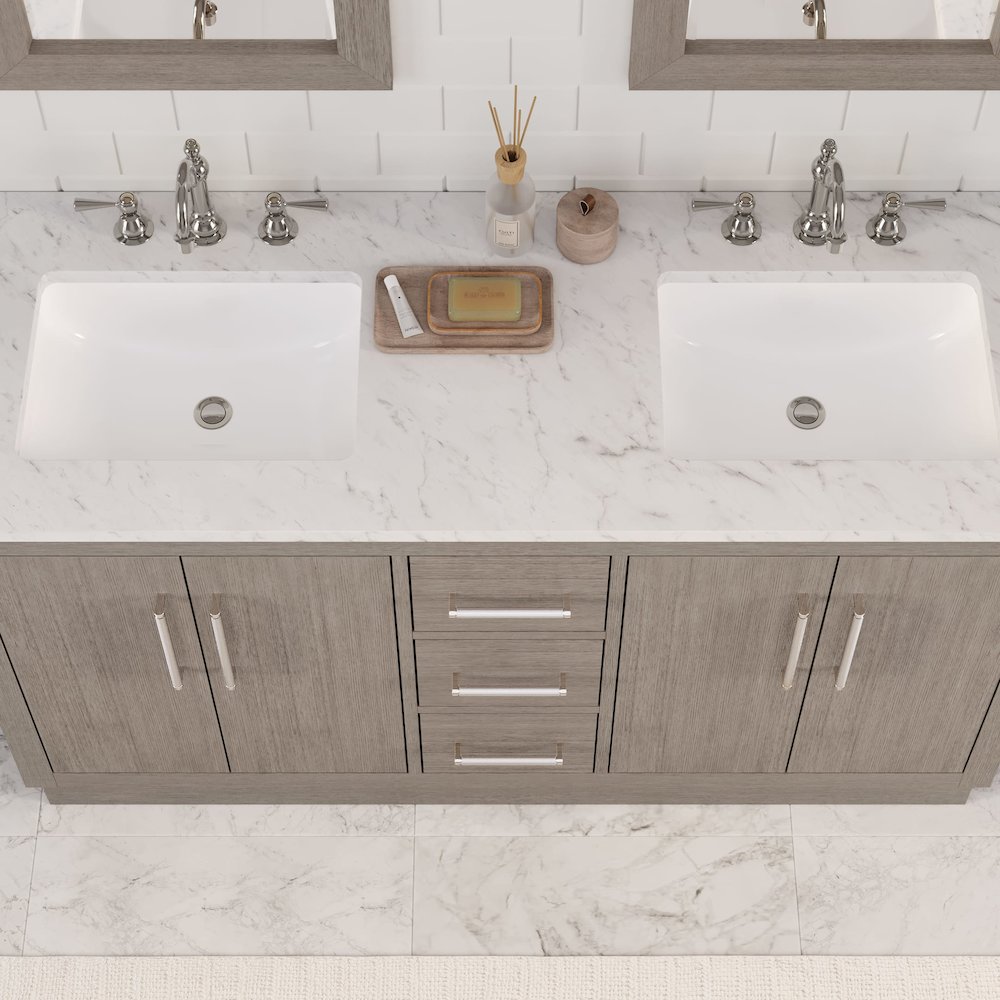 Hugo 60 In. Double Sink Carrara White Marble Countertop Bath Vanity in Grey Oak. Picture 13