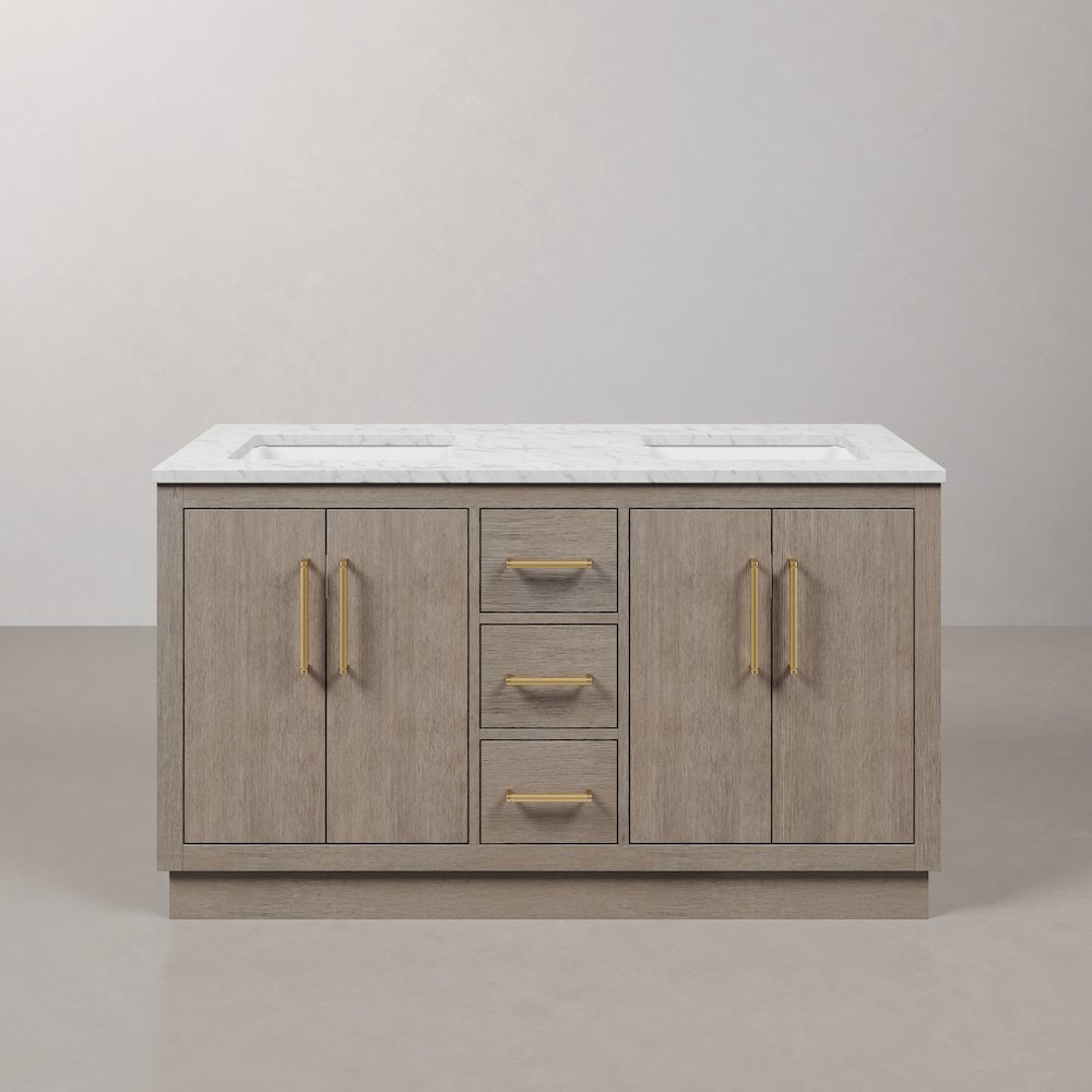 Hugo 60 In. Double Sink Carrara White Marble Countertop Bath Vanity in Grey Oak. Picture 1