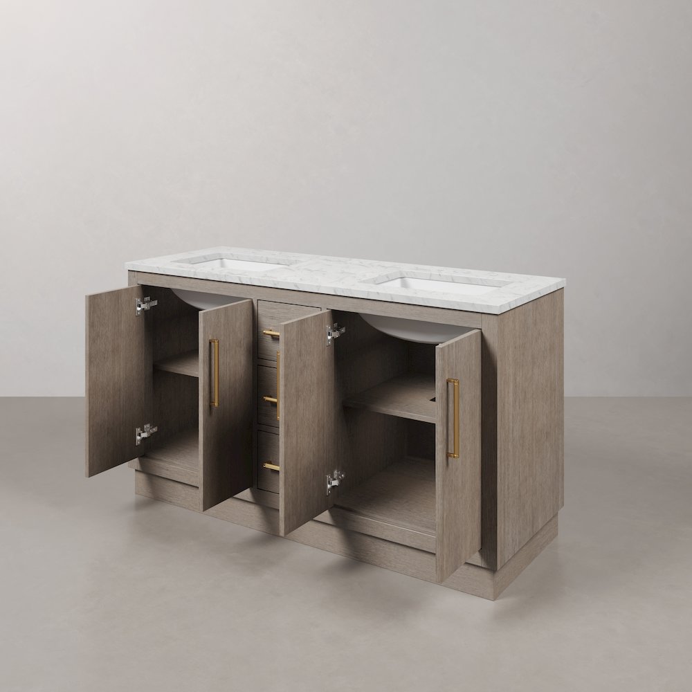Hugo 60 In. Double Sink Carrara White Marble Countertop Bath Vanity in Grey Oak. Picture 5