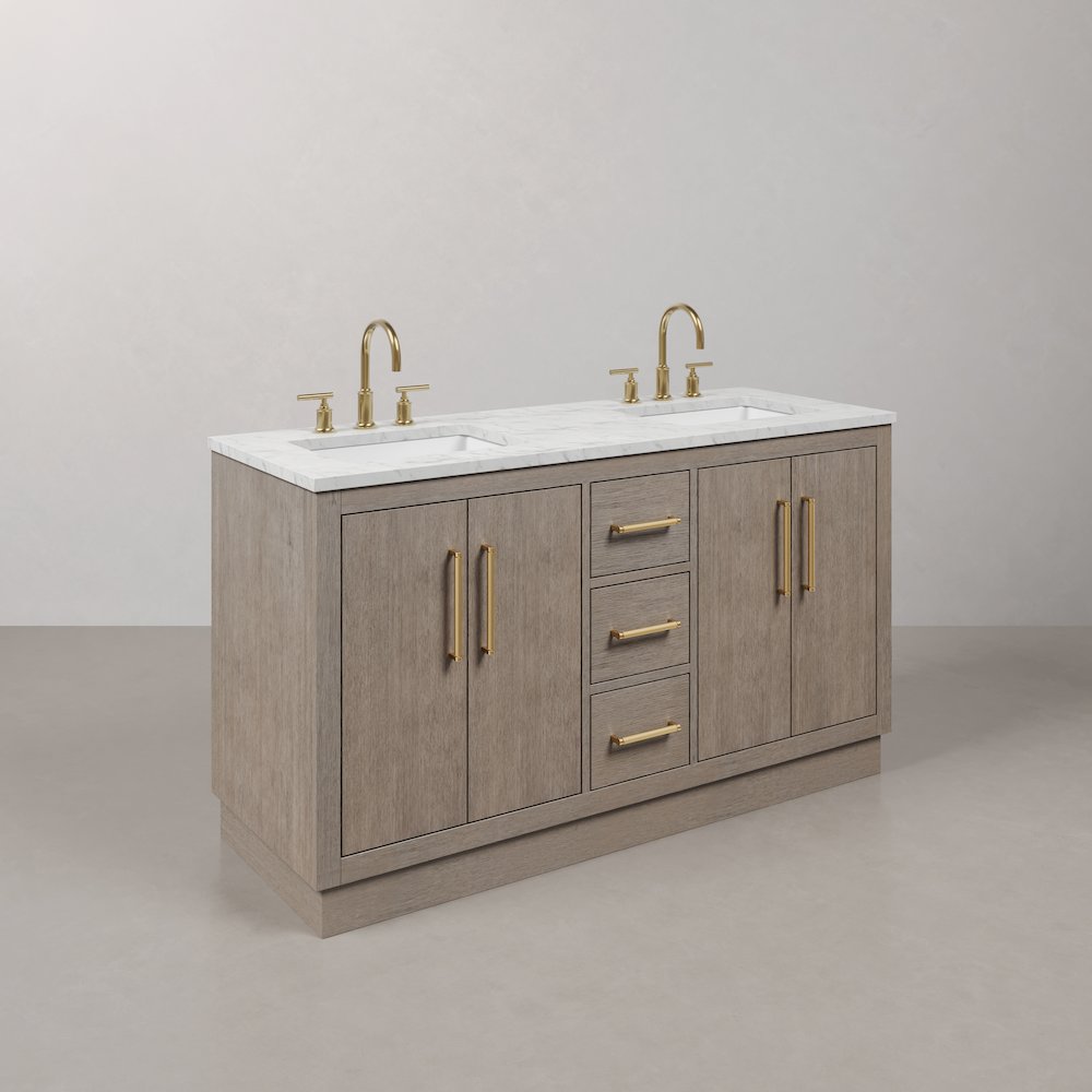 Hugo 60 In. Double Sink Carrara White Marble Countertop Bath Vanity in Grey Oak. Picture 3