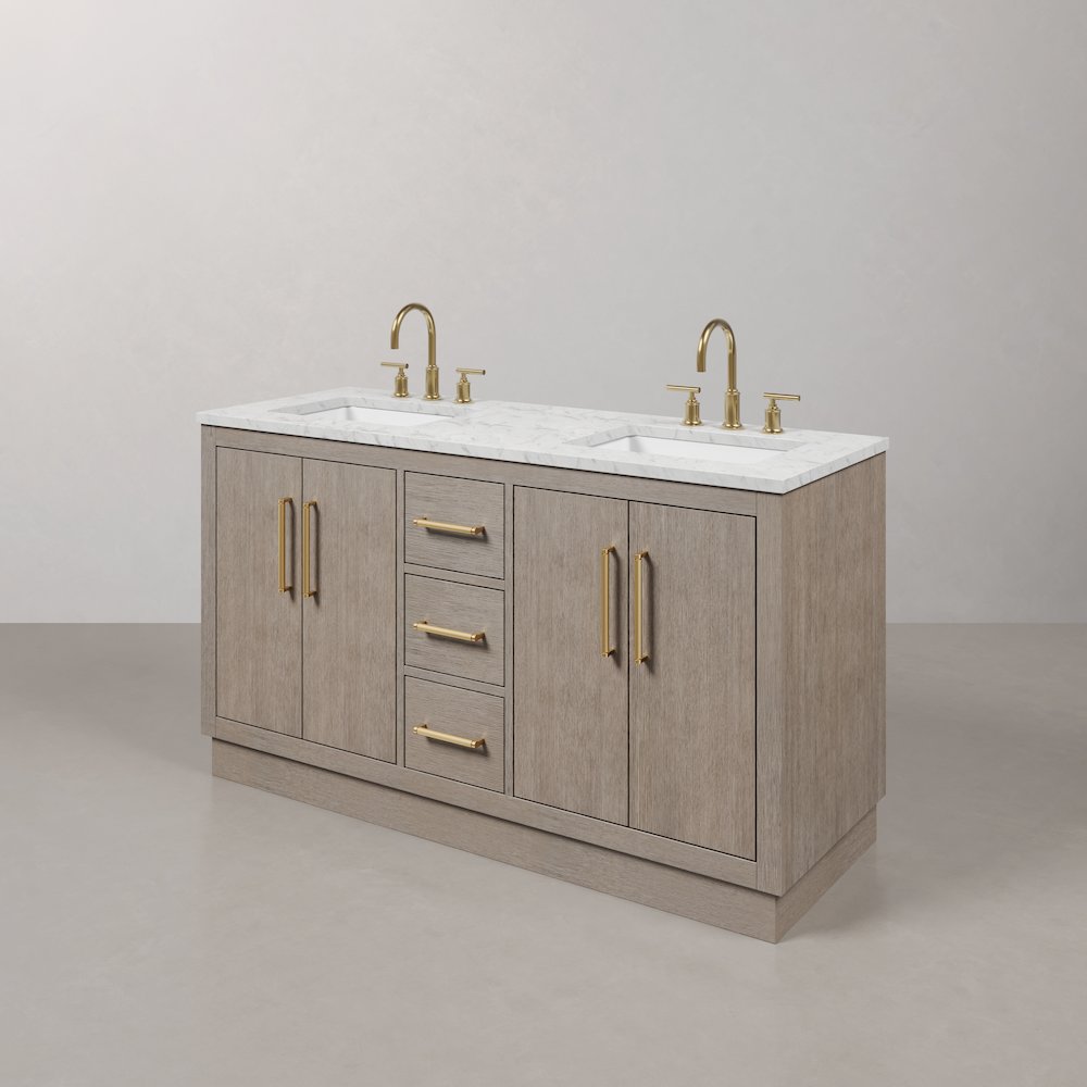 Hugo 60 In. Double Sink Carrara White Marble Countertop Bath Vanity in Grey Oak. Picture 4