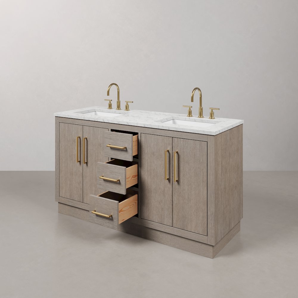 Hugo 60 In. Double Sink Carrara White Marble Countertop Bath Vanity in Grey Oak. Picture 6