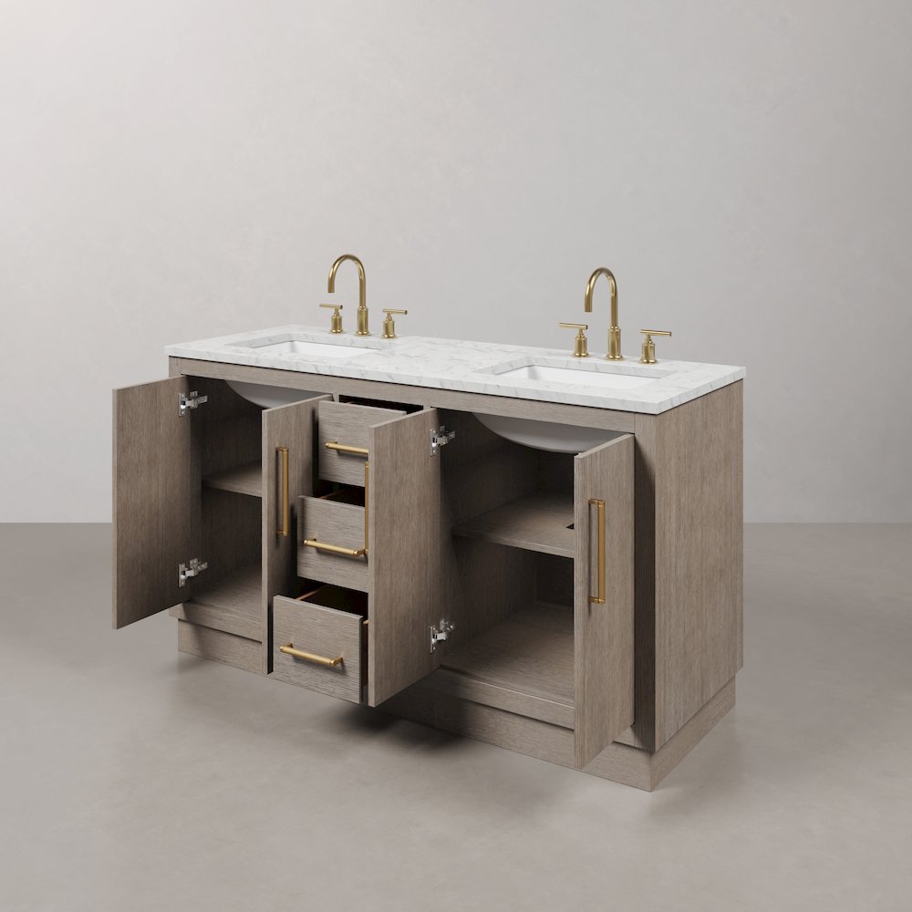 Hugo 60 In. Double Sink Carrara White Marble Countertop Bath Vanity in Grey Oak. Picture 7