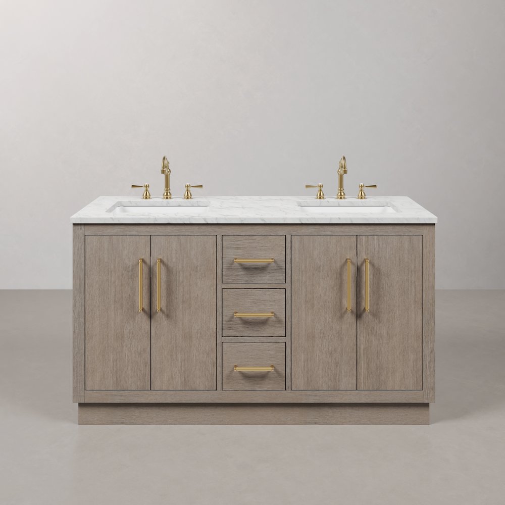 Hugo 60 In. Double Sink Carrara White Marble Countertop Bath Vanity in Grey Oak. Picture 1