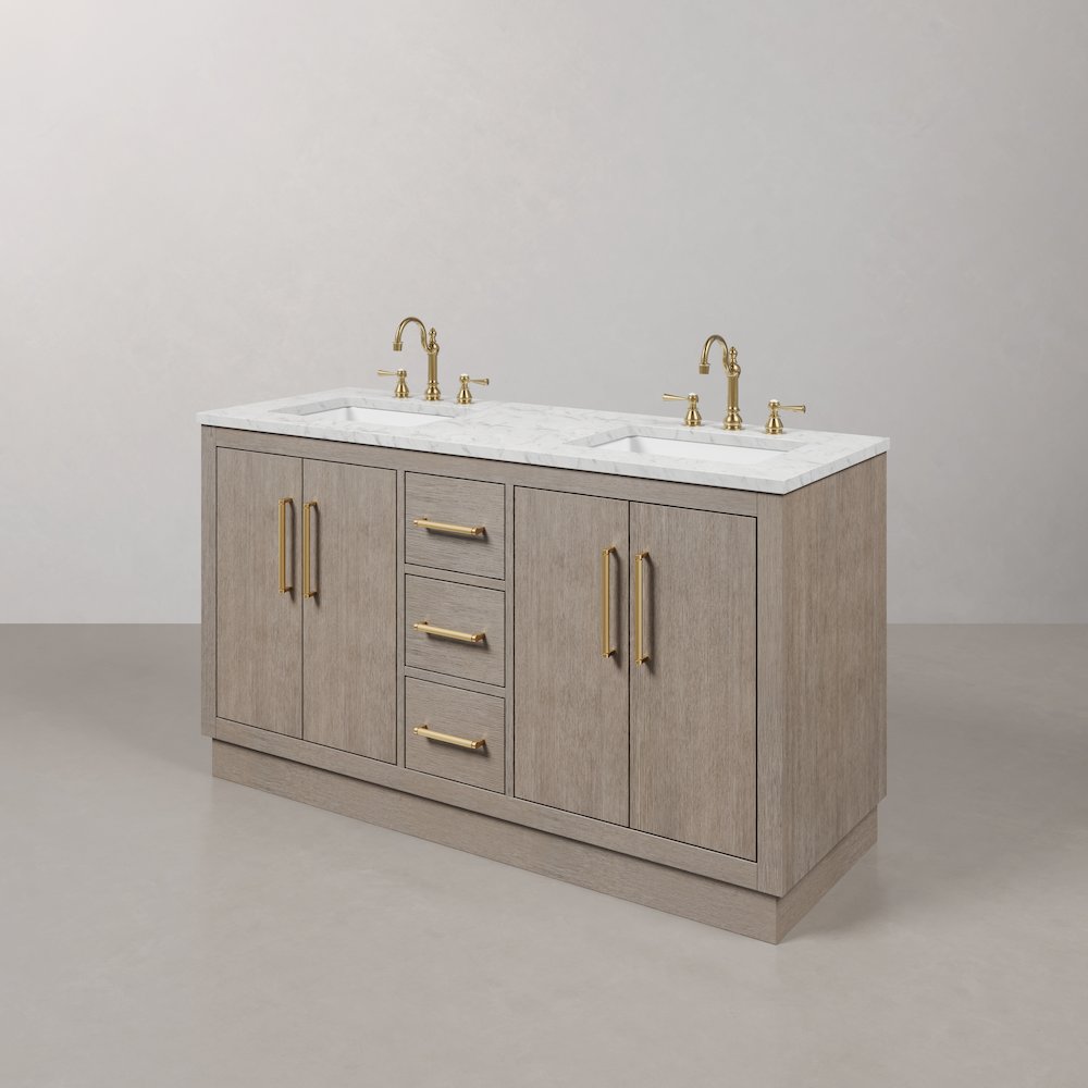 Hugo 60 In. Double Sink Carrara White Marble Countertop Bath Vanity in Grey Oak. Picture 4
