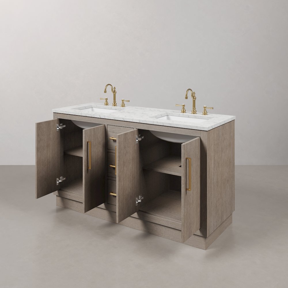 Hugo 60 In. Double Sink Carrara White Marble Countertop Bath Vanity in Grey Oak. Picture 5