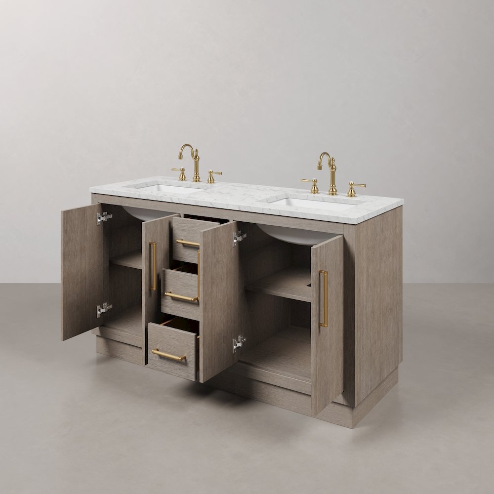 Hugo 60 In. Double Sink Carrara White Marble Countertop Bath Vanity in Grey Oak. Picture 7