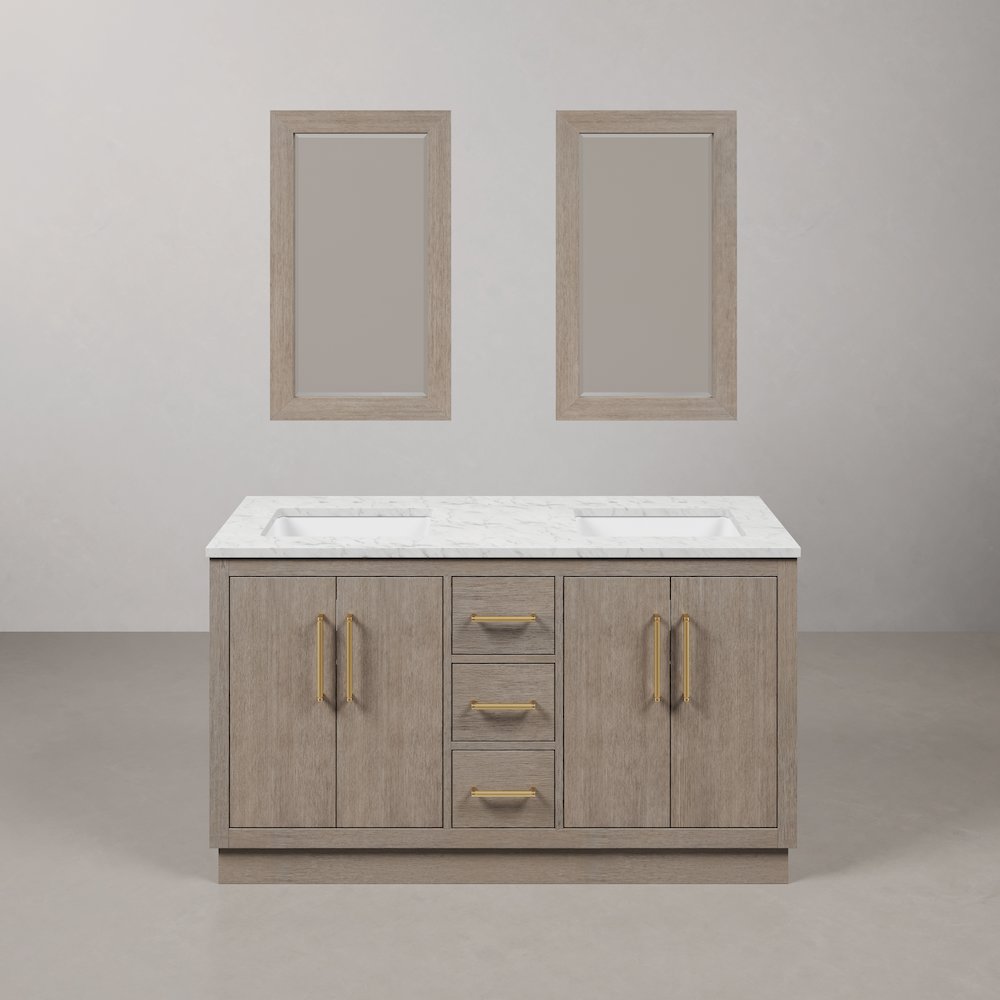 Hugo 60 In. Double Sink Carrara White Marble Countertop Bath Vanity in Grey Oak. Picture 1