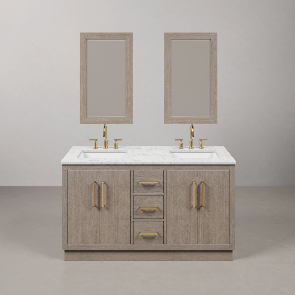 Hugo 60 In. Double Sink Carrara White Marble Countertop Bath Vanity in Grey Oak. Picture 1