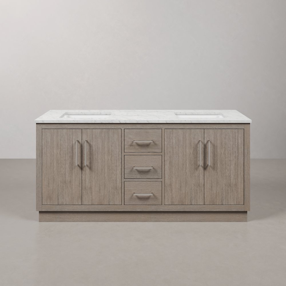 Hugo 72 In. Double Sink Carrara White Marble Countertop Bath Vanity in Grey Oak. Picture 1