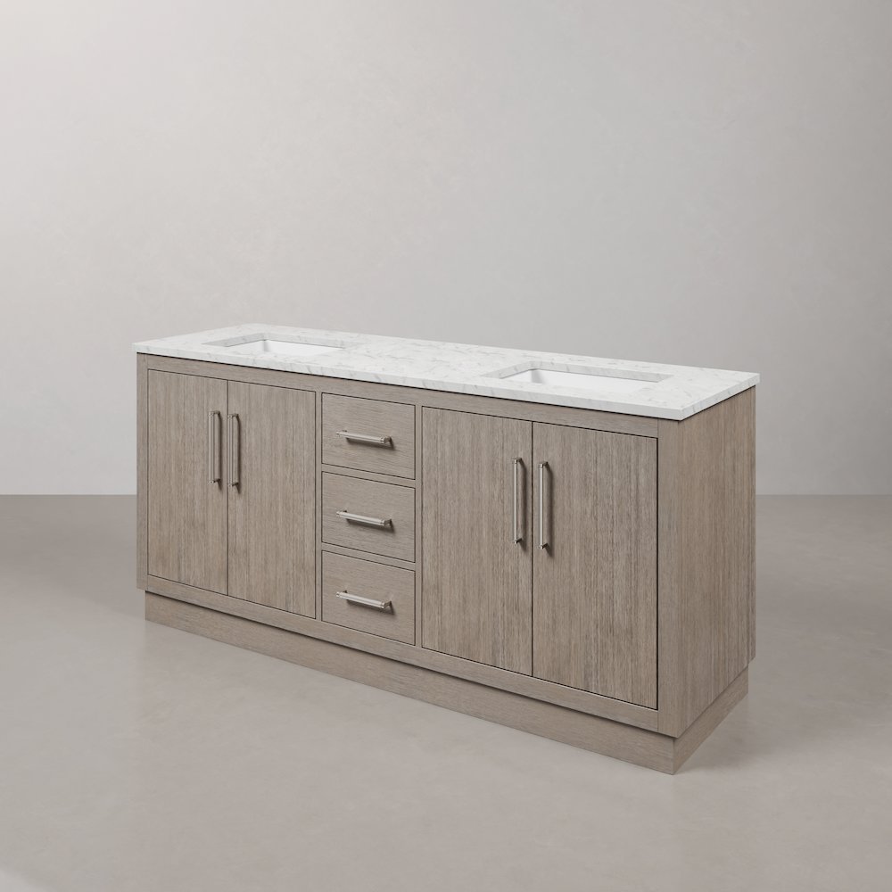 Hugo 72 In. Double Sink Carrara White Marble Countertop Bath Vanity in Grey Oak. Picture 4