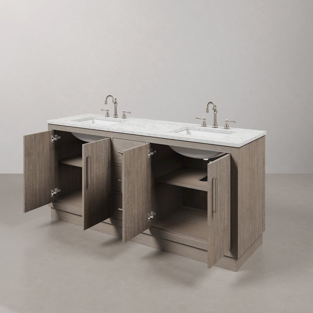 Hugo 72 In. Double Sink Carrara White Marble Countertop Bath Vanity in Grey Oak. Picture 5