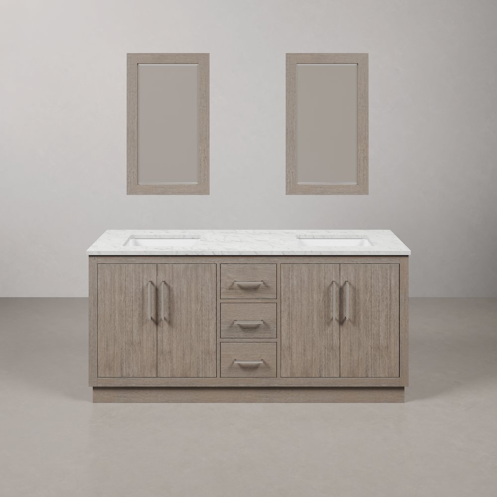 Hugo 72 In. Double Sink Carrara White Marble Countertop Bath Vanity in Grey Oak. Picture 1