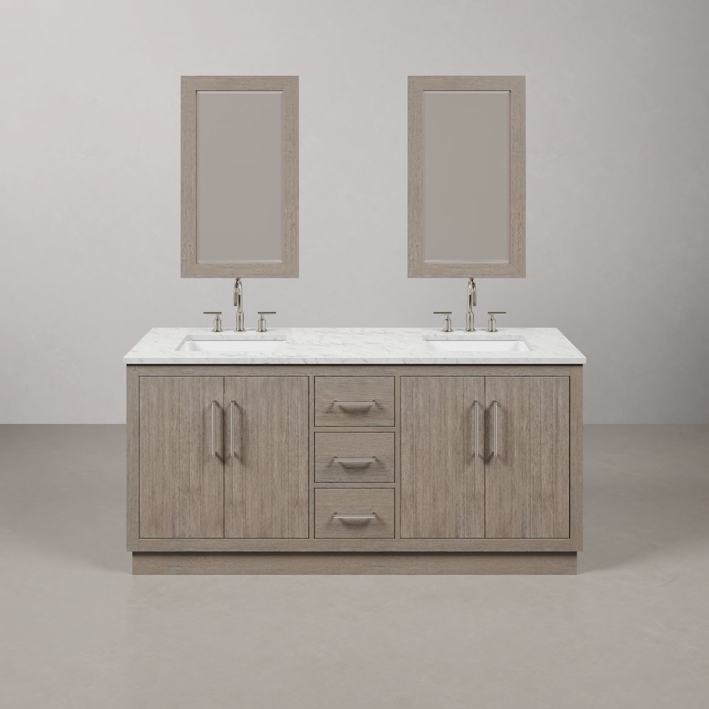 Hugo 72 In. Double Sink Carrara White Marble Countertop Bath Vanity in Grey Oak. Picture 1