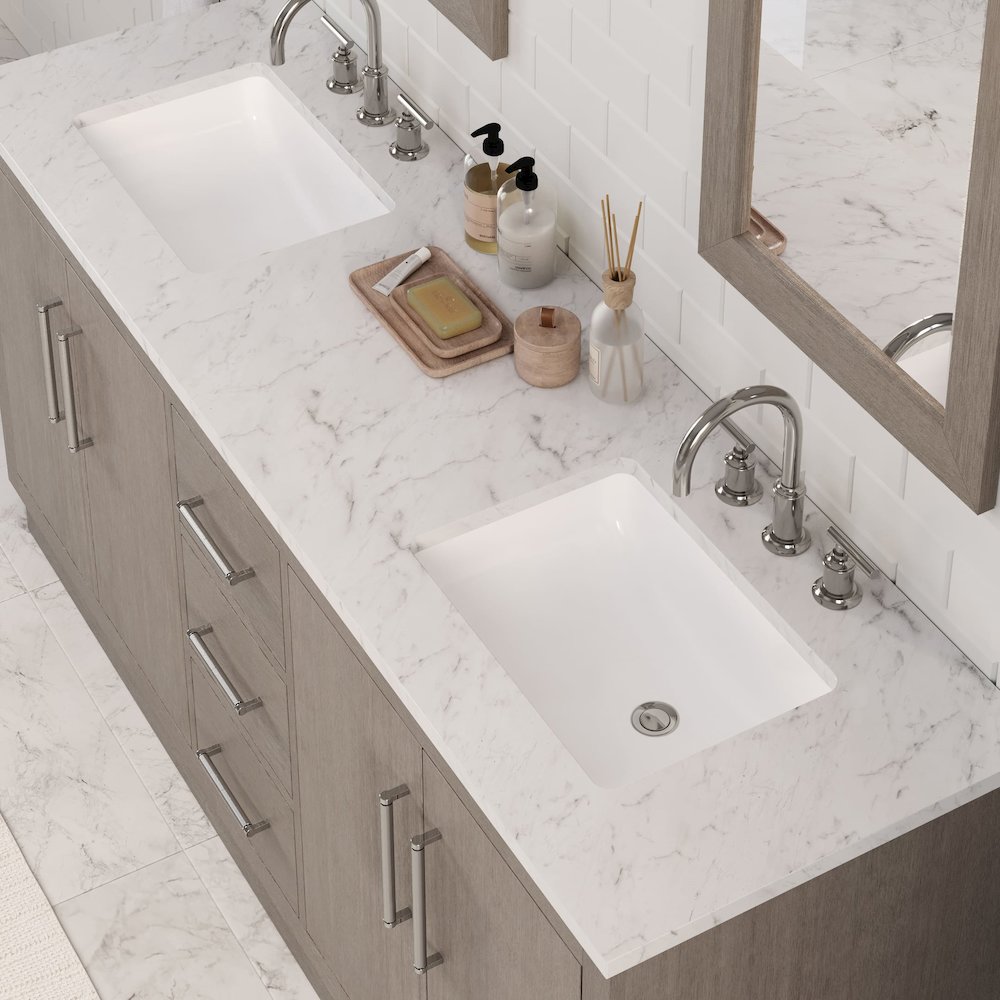 Hugo 72 In. Double Sink Carrara White Marble Countertop Bath Vanity in Grey Oak. Picture 12