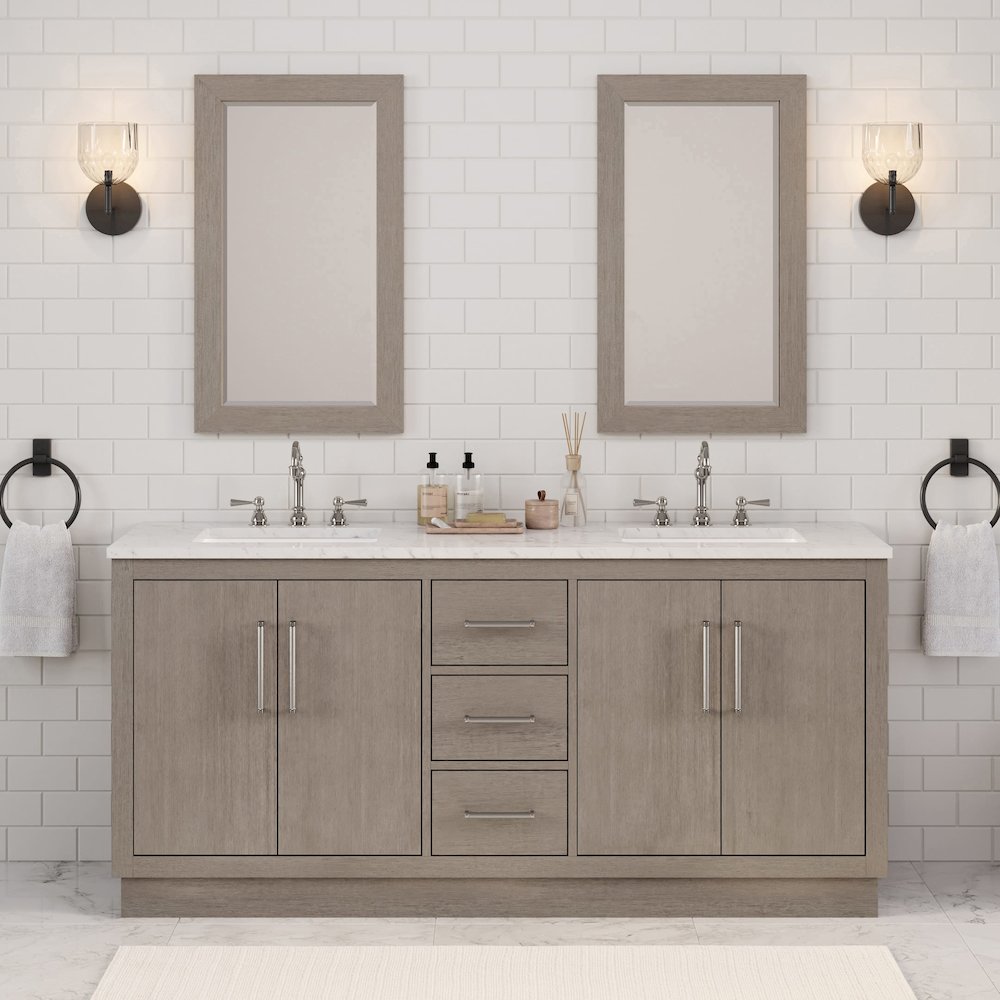 Hugo 72 In. Double Sink Carrara White Marble Countertop Bath Vanity in Grey Oak. Picture 2