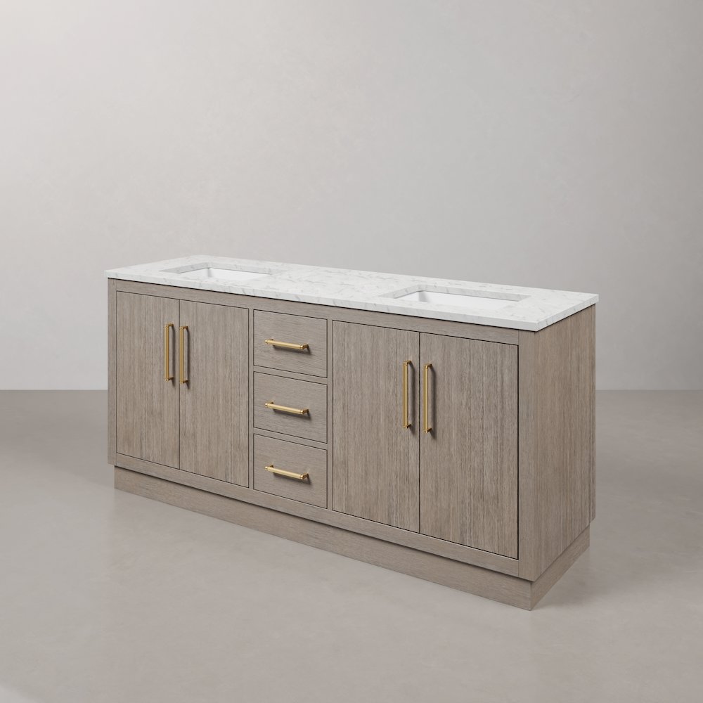 Hugo 72 In. Double Sink Carrara White Marble Countertop Bath Vanity in Grey Oak. Picture 4