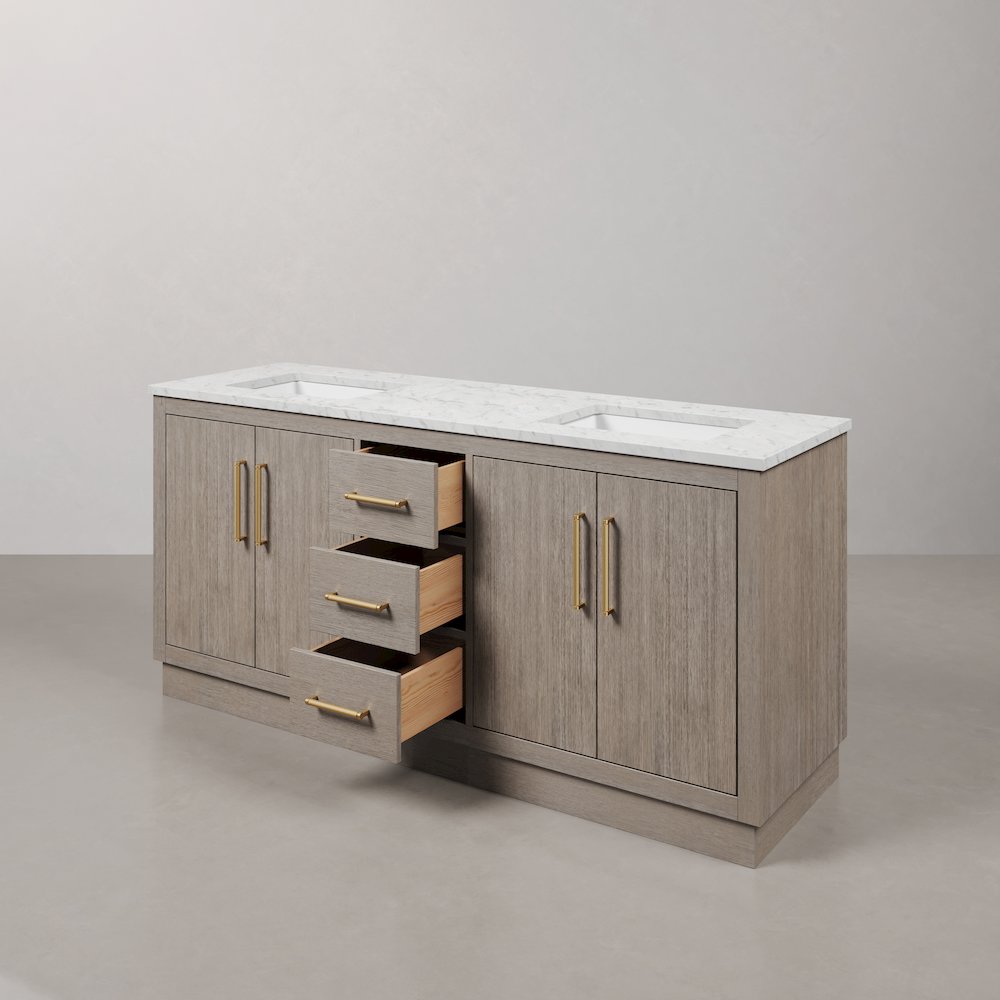 Hugo 72 In. Double Sink Carrara White Marble Countertop Bath Vanity in Grey Oak. Picture 7