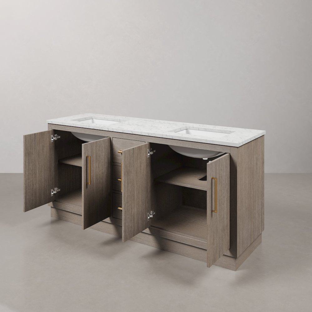 Hugo 72 In. Double Sink Carrara White Marble Countertop Bath Vanity in Grey Oak. Picture 5