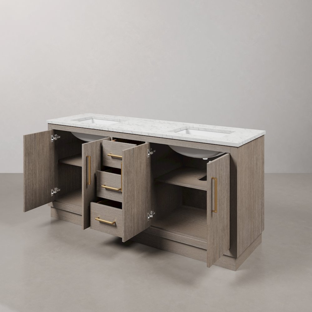Hugo 72 In. Double Sink Carrara White Marble Countertop Bath Vanity in Grey Oak. Picture 8
