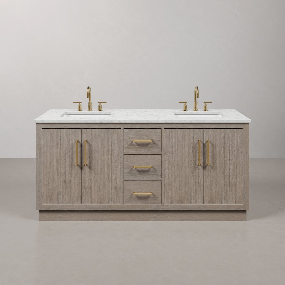 Hugo 72 In. Double Sink Carrara White Marble Countertop Bath Vanity in Grey Oak. Picture 1